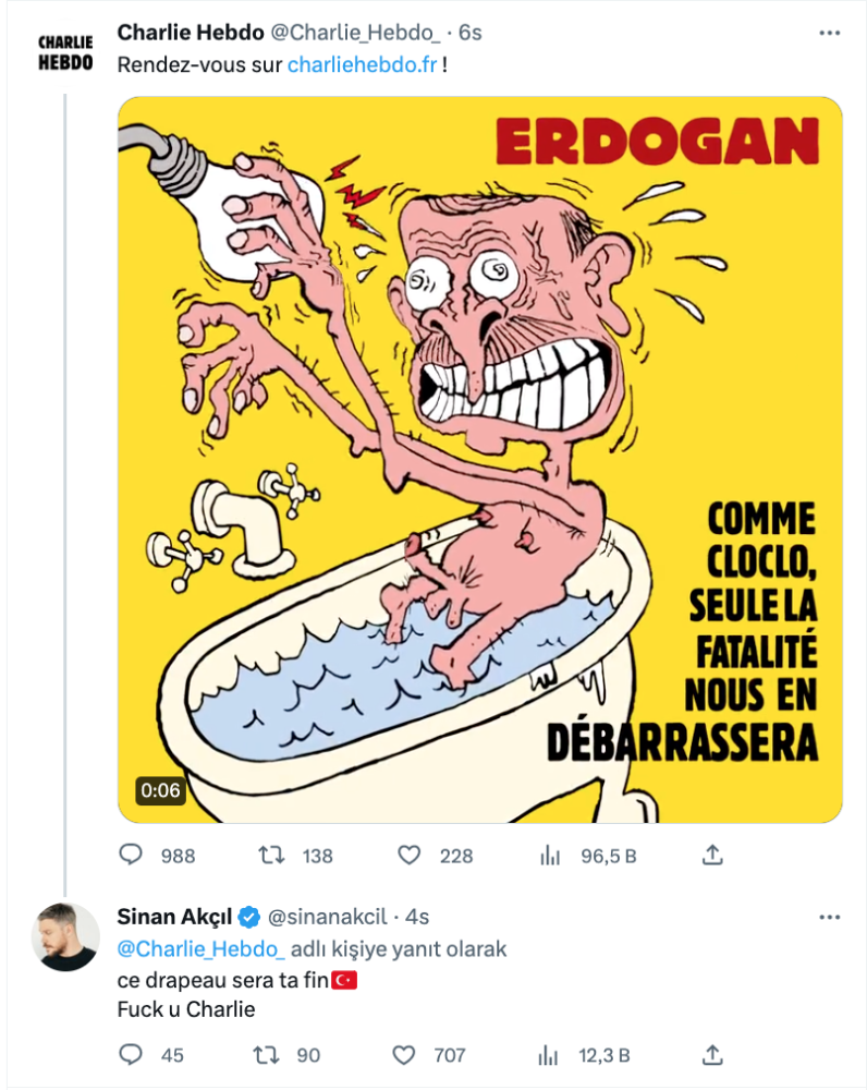 charlie hebdo nun skandal kapagina sinan akcil dan sert cevap bu bayrak senin sonun olacak